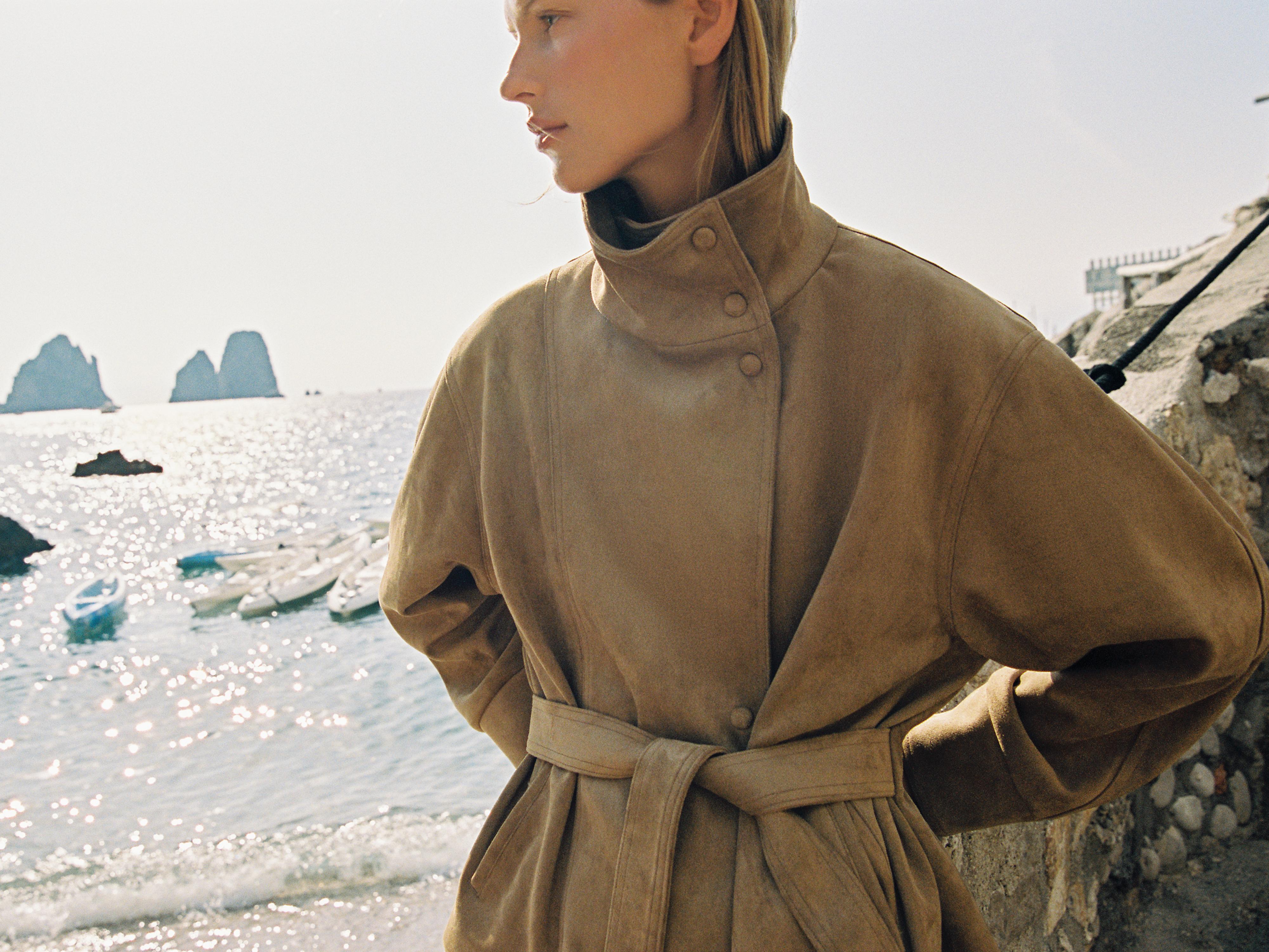 FAUX SUEDE BELTED JACKET — Dark camel