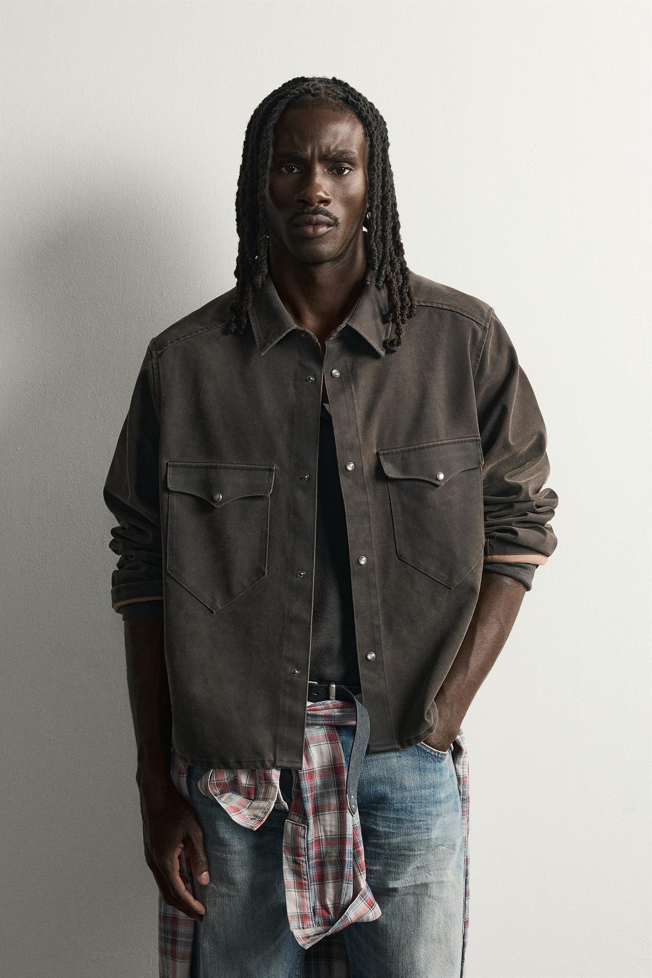 WASHED FAUX SUEDE OVERSHIRT — Khaki