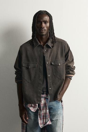 WASHED FAUX SUEDE OVERSHIRT — Khaki 1
