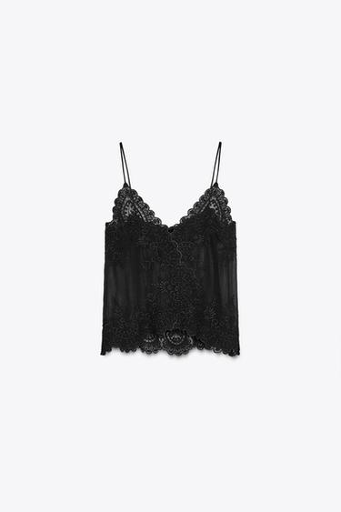 Zara ZW COLLECTION LACE CAMISOLE TOP - Black