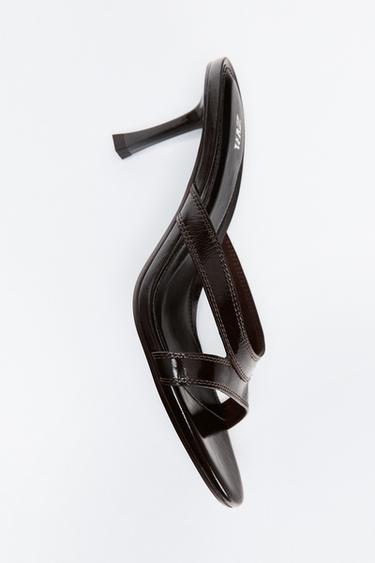 LEATHER STRAPPY HEEL SANDALS - Brown by Zara