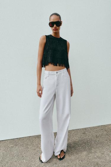 STUDDED FAUX SUEDE FRINGE TOP - Black by Zara