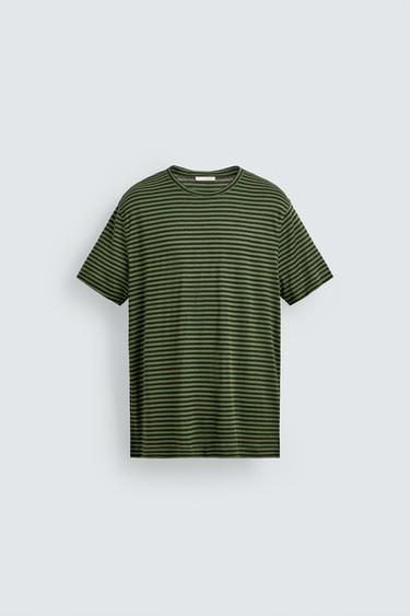 CAMISETA REGULAR FIT RAYAS MEZCLA LINO - Marrón / Verde de Zara