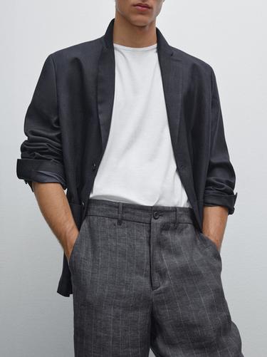 Pantalon à rayures 100 % lin délavé - Bleu de Zara