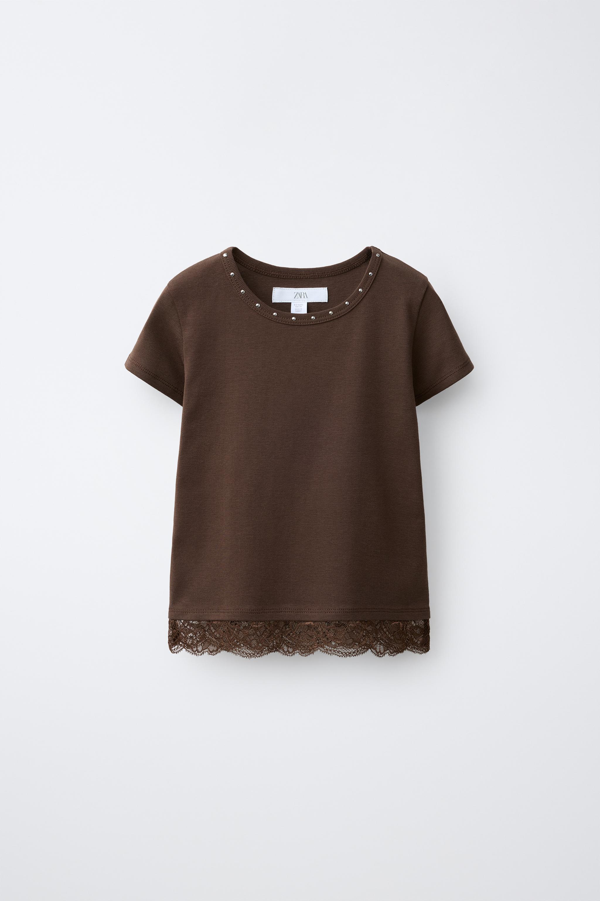 STUDDED LACE HEM T-SHIRT — Brown