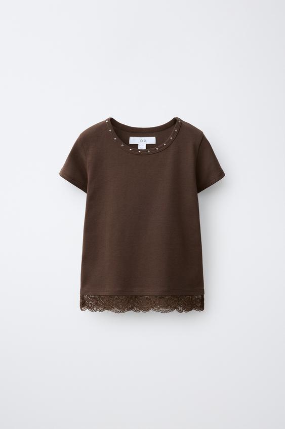Детская футболка Zara Studded Lace Hem, цвет: Коричневый