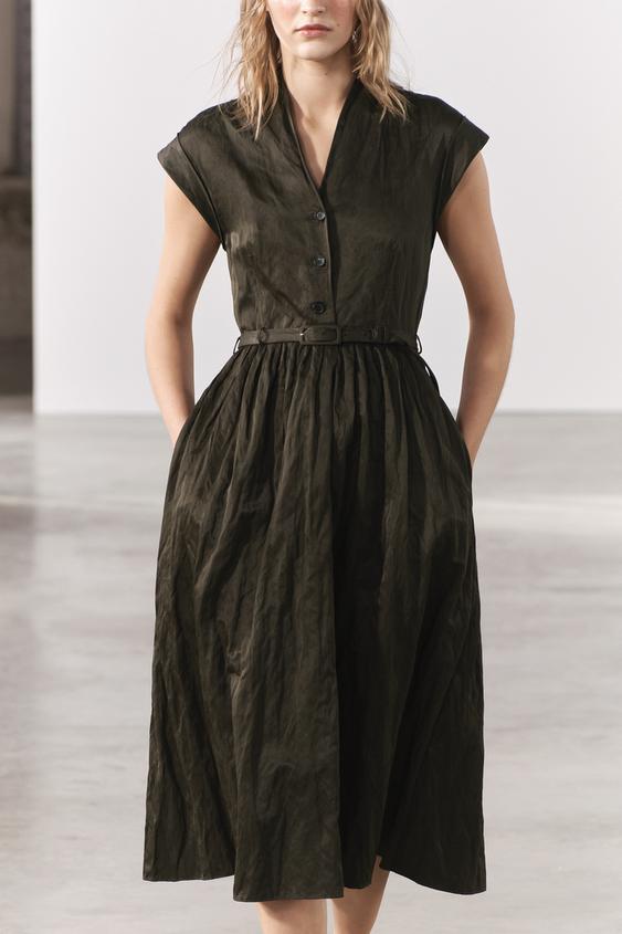 Zara Utility Button Down Shirred Waist Mini Shirt Dress Olive