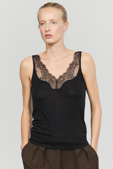 Strappy lace-trimmed camisole top — Black 2