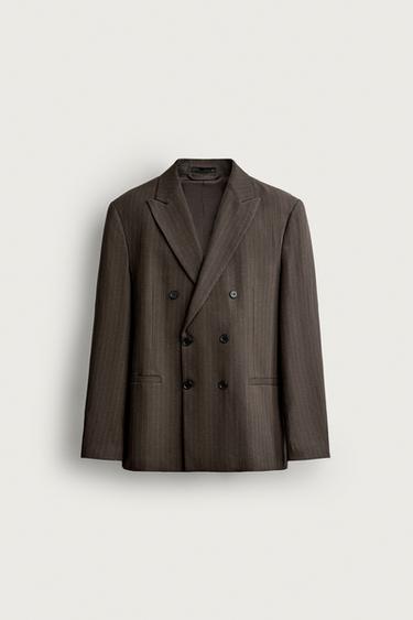 PINSTRIPE DOUBLE-BREASTED SUIT BLAZER — Brown 1