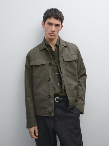 Chaqueta bolsillos algodón lino - Khaki oscuro de Zara