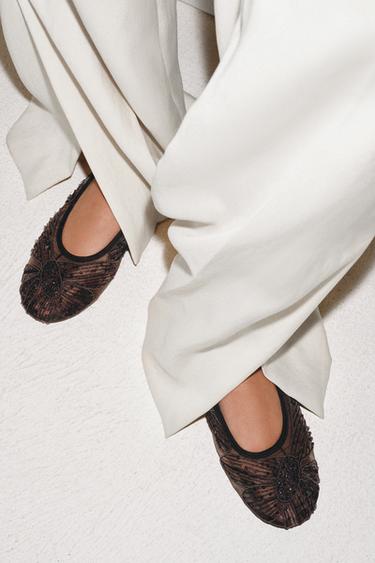 Zara EMBROIDERED MESH BALLET FLATS - Brown - Image 0