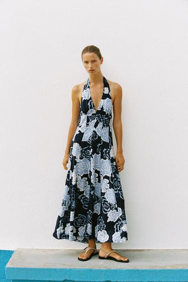 Zara FLORAL PRINT HALTER MIDI DRESS - Navy / White