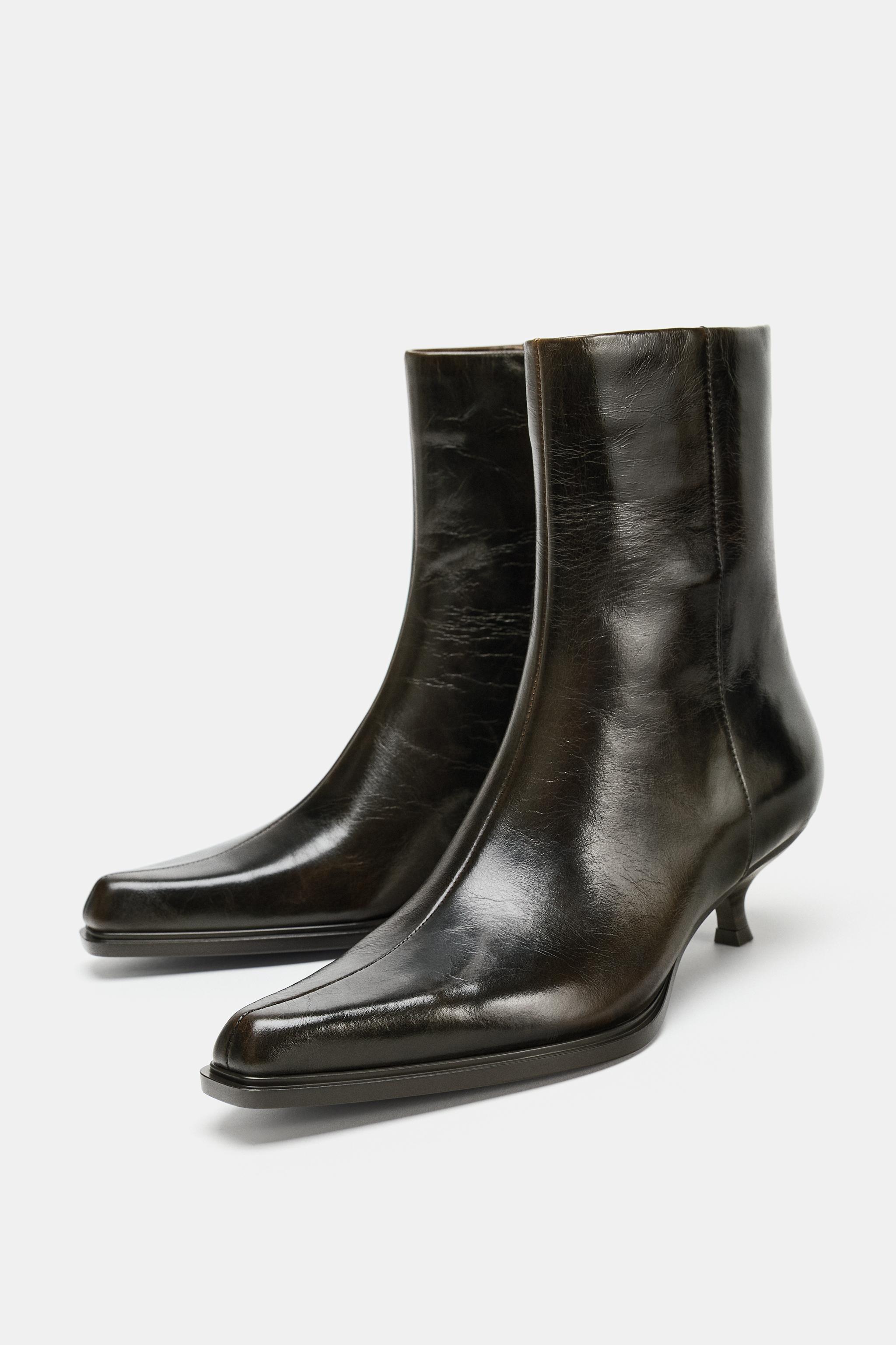 レザーキトンヒールショートブーツ - ブラウン | ZARA Japan / 日本