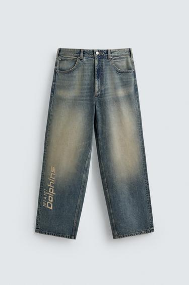 RELAXED FIT EMBROIDERED NFL MIAMI DOLPHINS JEANS - Mid-blue by Zara