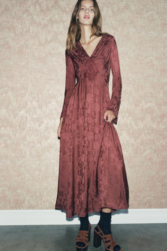 EMBROIDERED JACQUARD DRESS ZW COLLECTION - Burgundy | ZARA Canada