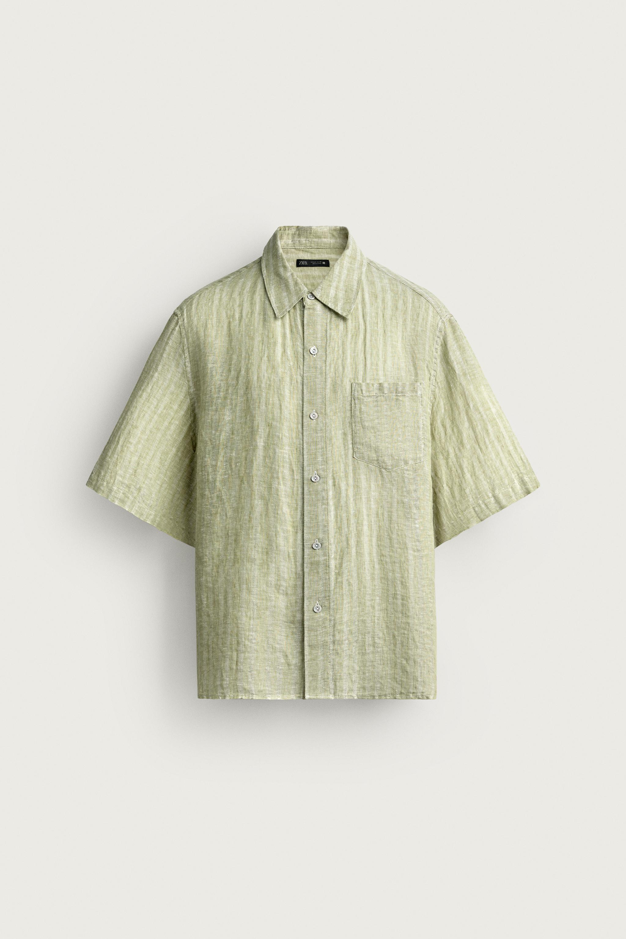 100% LINEN STRIPED JACQUARD SHIRT — Light green
