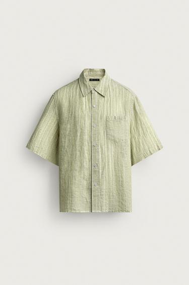 Zara 100% 亞麻條紋提花襯衫 - 淡綠色