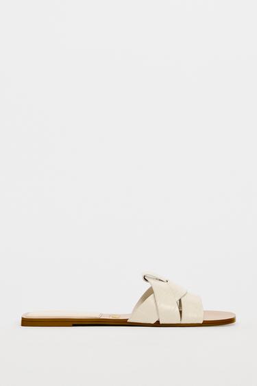 CROSS-STRAP FLAT LEATHER SANDALS - Ecru White by Zara