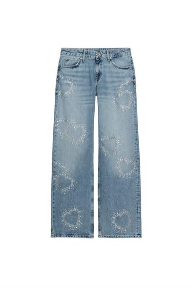 TRF WIDE-LEG LOW-RISE RHINESTONE JEANS - Blue by Zara