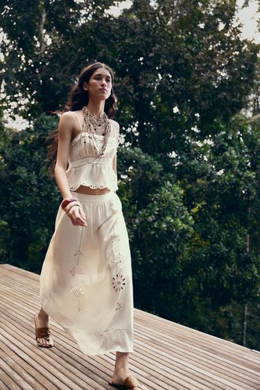 CUTWORK EMBROIDERY MIDI SKIRT - Ecru by Zara