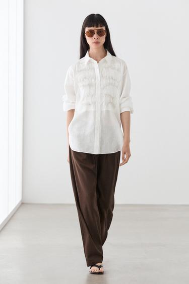 Zara 100% linen shirt with bib detail - White - Image 0