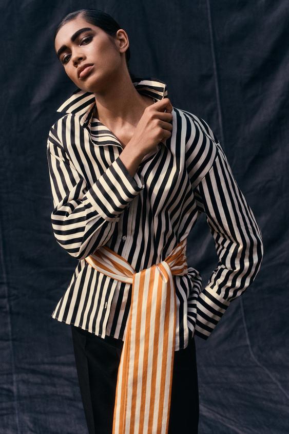 CONTRAST BELT STRIPED SHIRT - Ecru / Black by Zara - Image 0
