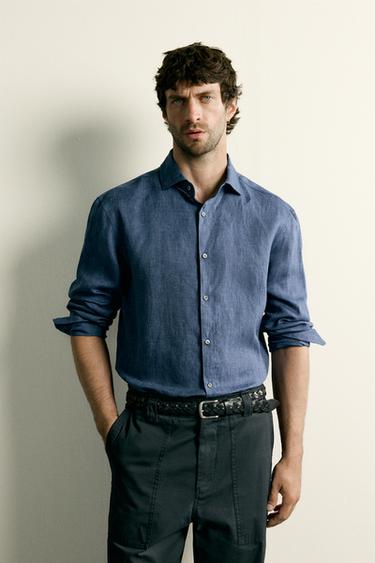 חולצת 100% פשתן בגזרת Regular fit - אינדיגו של Zara