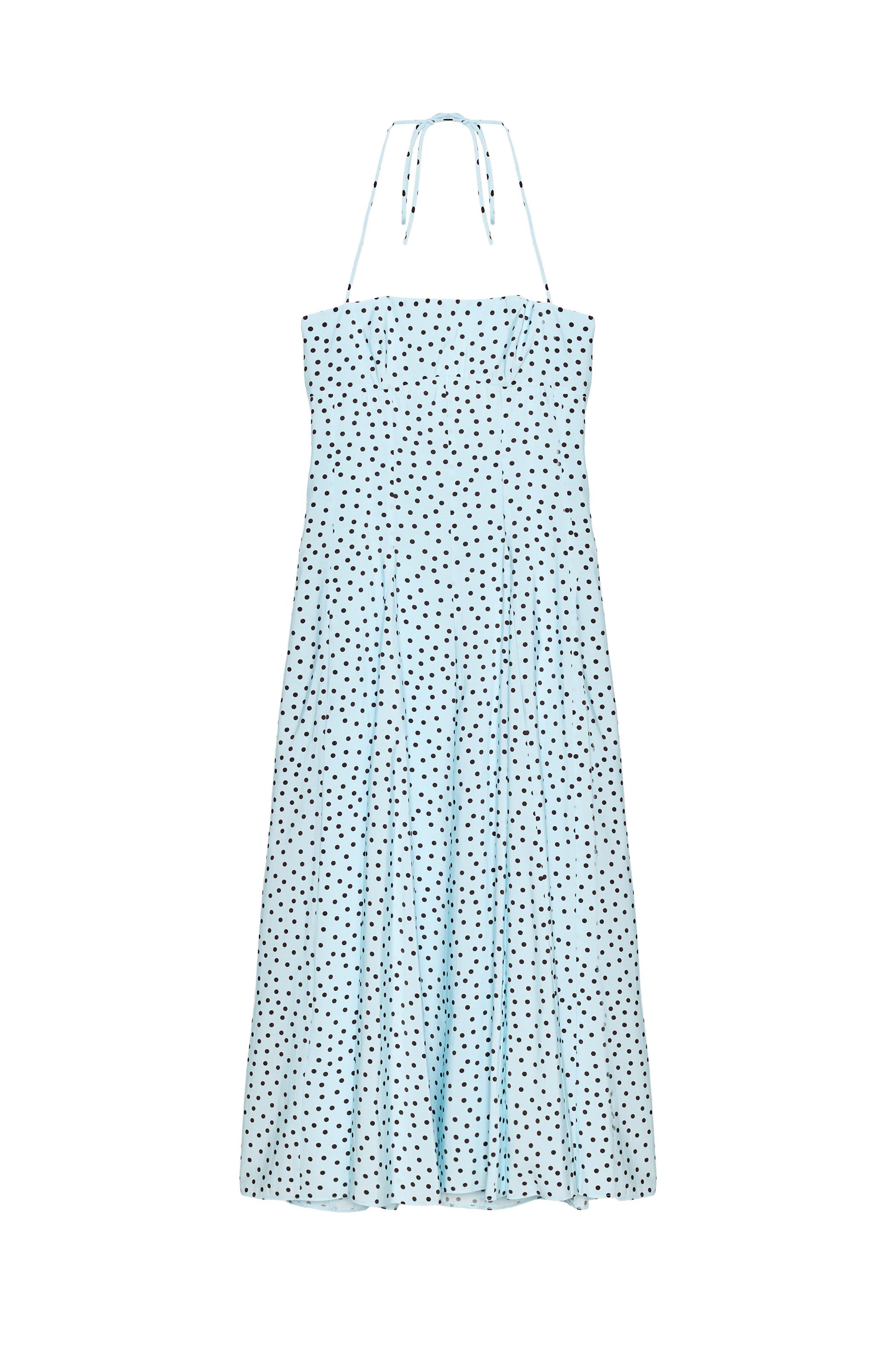 blue and white polka dot dress zara POLKA DOT VOLUME HALTER MIDI DRESS - Brown-Blue