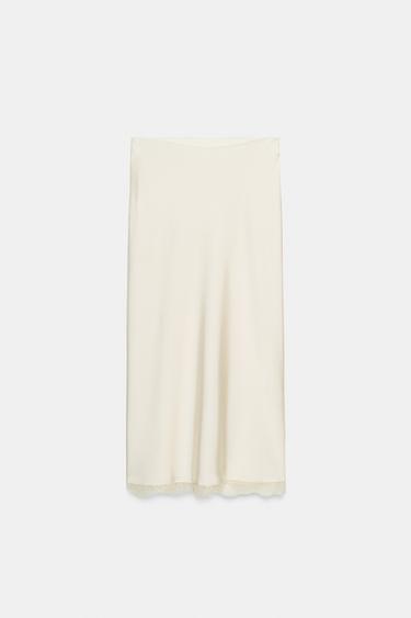 Zara SATIN MIDI LACE SKIRT - Ecru