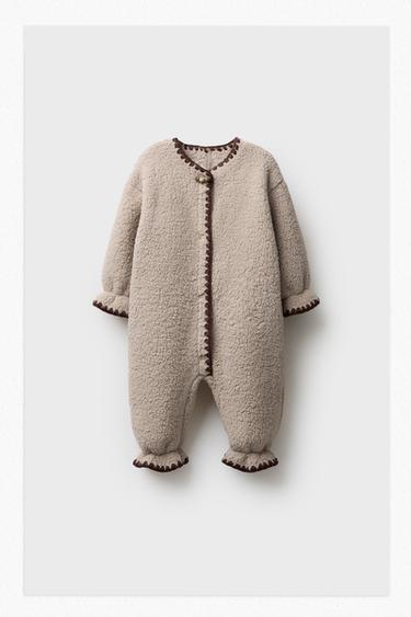 Zara CONTRAST TRIM FLEECE ROMPER - Beige