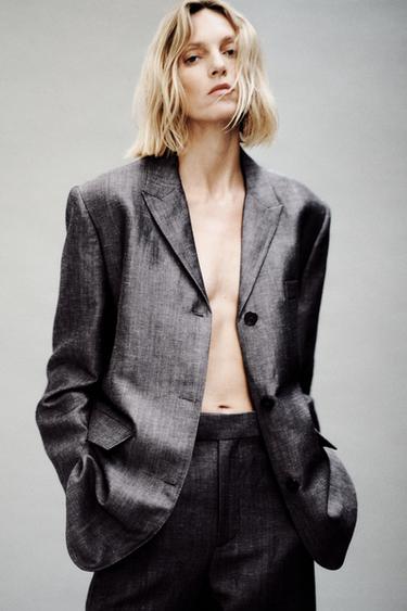 Zara ZW COLLECTION STRAIGHT-CUT LINEN BLAZER - Gray