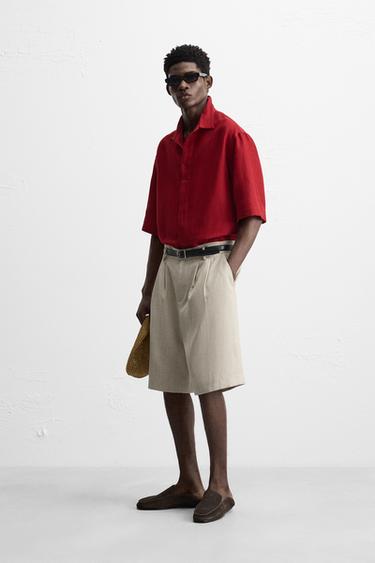 CHEMISE STRUCTURE COTON ET LIN - Rouge soutenu de Zara - Image 4