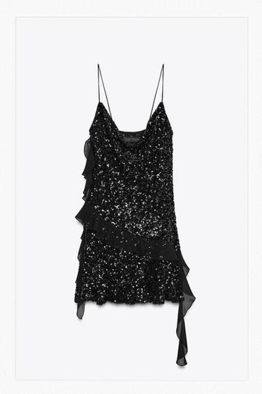 SEQUINNED RUFFLE MINI DRESS - Black by Zara