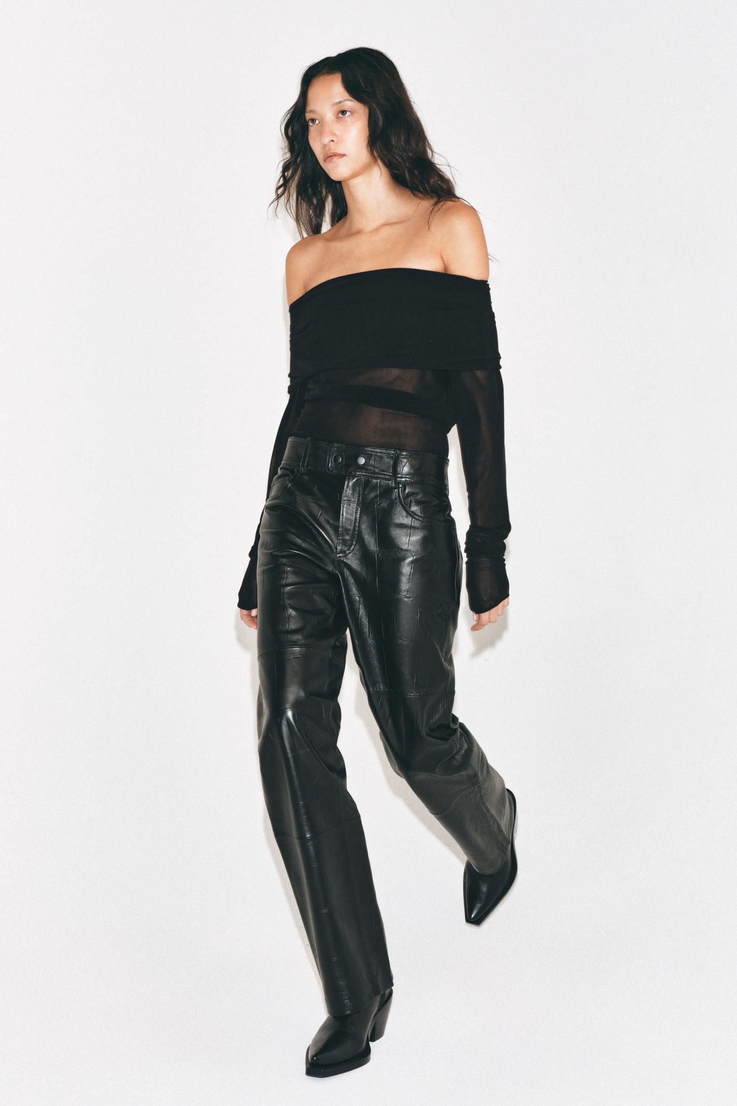 Женские брюки Zara 100% Leather Straight Pants ZW Collection, цвет: Чёрный — фото 6