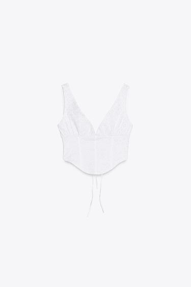 Zara EMBROIDERED EYELET CORSET TOP - White