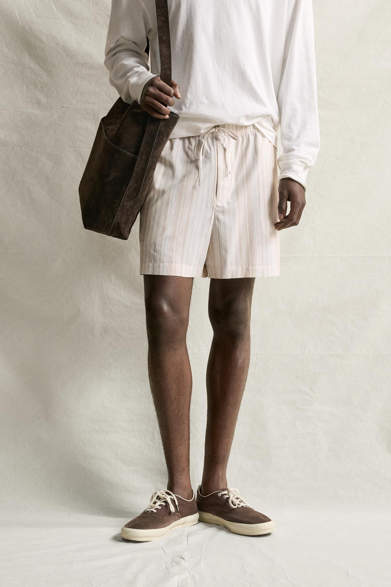 STRIPED RELAXED FIT SHORTS — Light beige