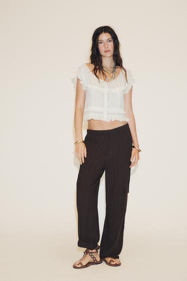 EMBROIDERED GAUZE CROP TOP WITH BOW - Ecru by Zara - Image 0