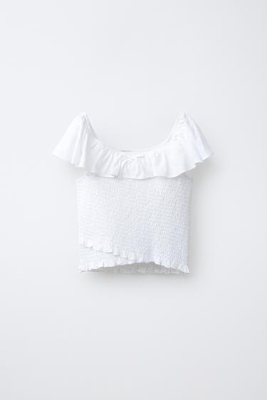 Zaras T-SHIRT MED LINNE OCH VÅFFELSTRUKTUR - Benvit