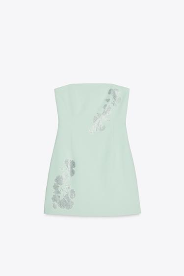Zara STRAPLESS RHINESTONE DRESS - Light mint green