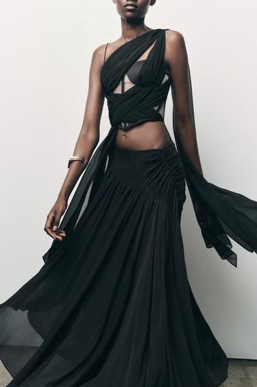 JUPE MIDI GEORGETTE DRAPÉE - Noir de Zara
