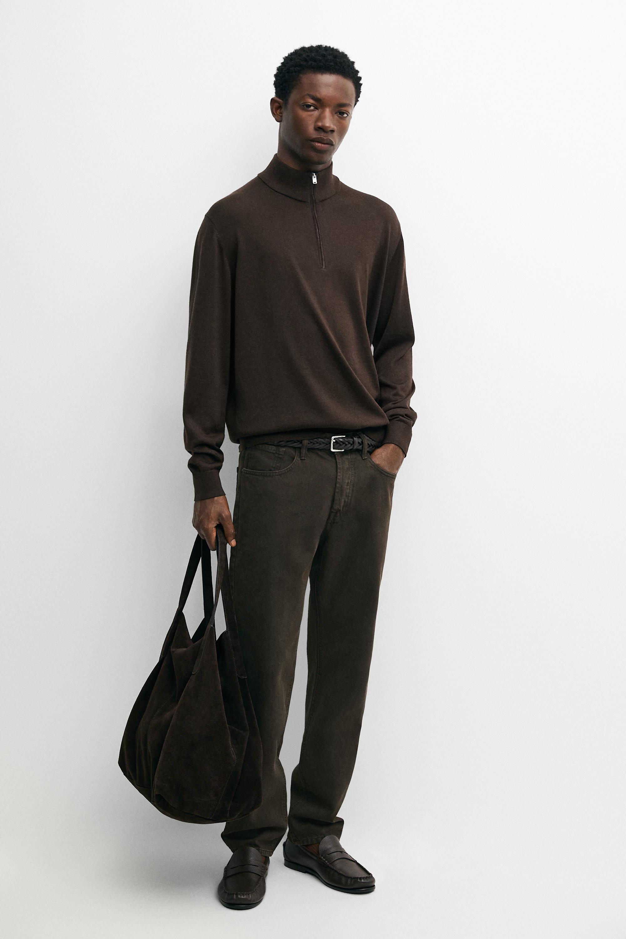 Merino wool blend mock neck knit sweater — Brown