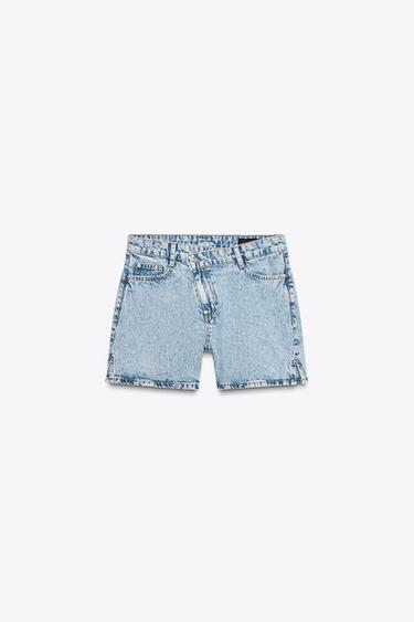 Zara Z1975 HIGH-WAISTED CROSSOVER WAIST DENIM SHORTS - Light blue