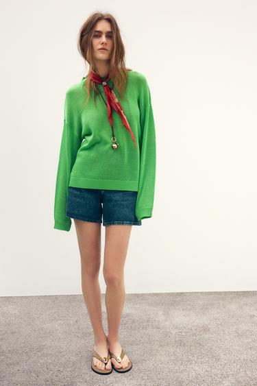 PULL DROIT EN MAILLE UNIE - Vert de Zara