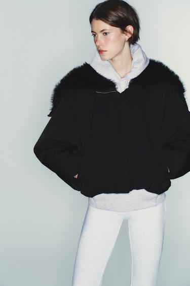 WATER-REPELLENT WINDPROOF QUILTED JACKET WITH FAUX FUR HOOD - Zara-ს Black