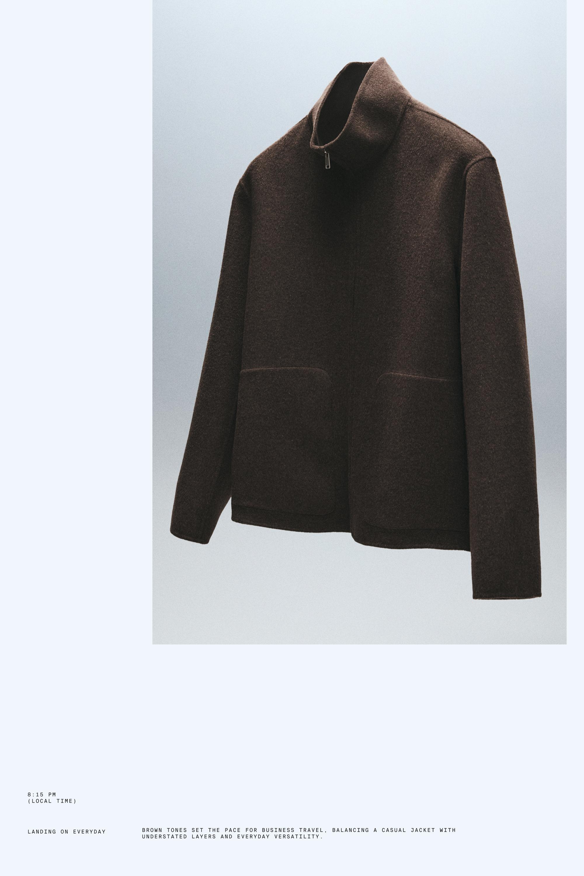 Wool blend double fabric high neck jacket — Mink marl
