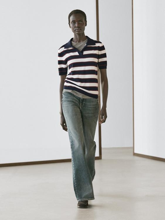 Striped knit polo sweater