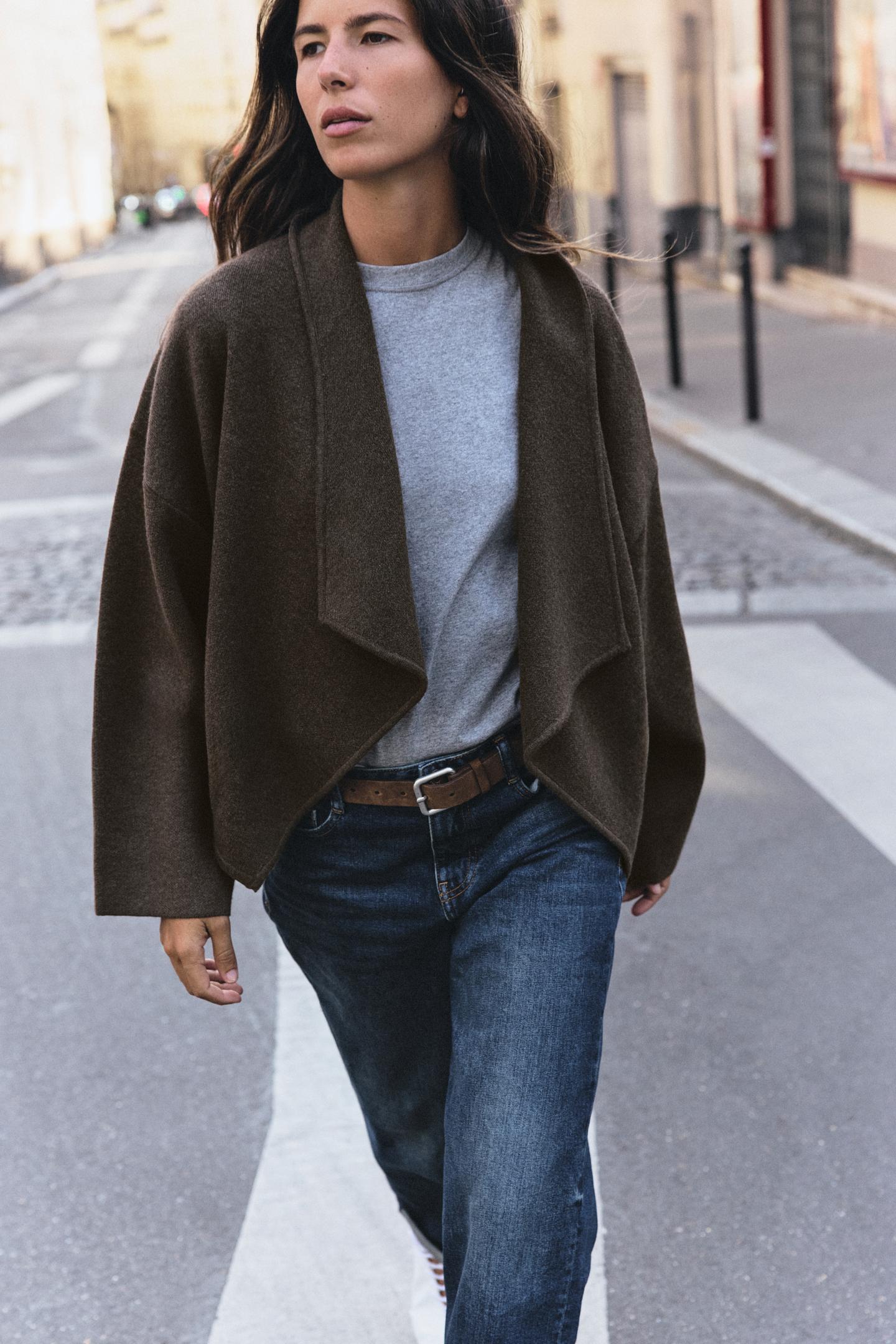 Женская куртка Zara Open-Front Knit, цвет: Тёмный хаки — фото 4