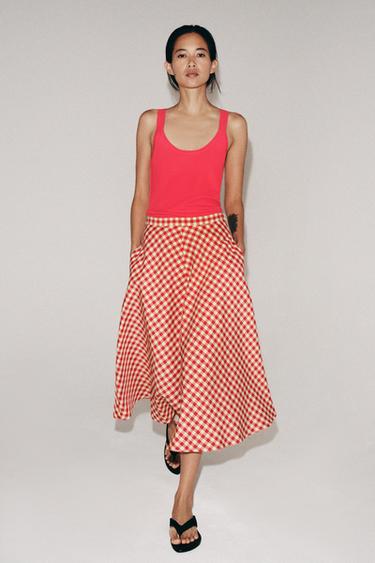JUPE CAPE À CARREAUX ZW COLLECTION - Écru / Rouge de Zara - Image 3
