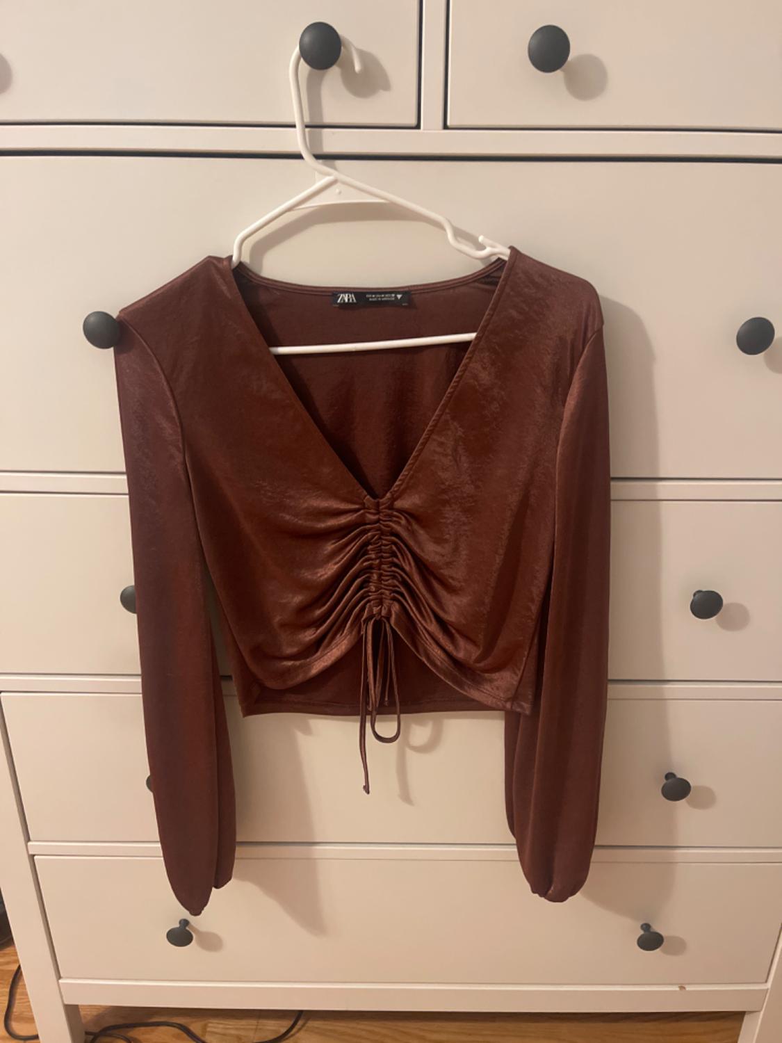 Front view of a brown long-sleeved blouse with a V-neck and adjustable central ruching.