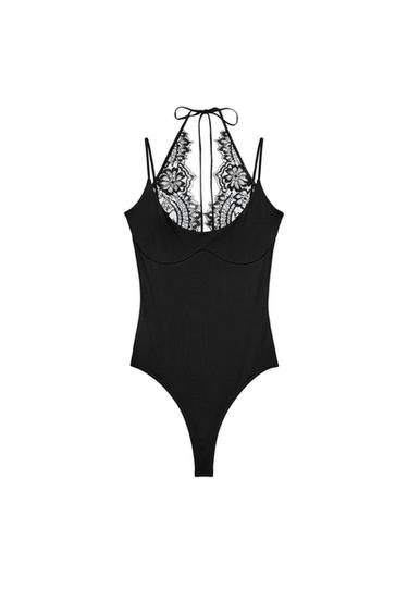 TRUPORE HALTER ME DANTELLË TË KOMBINUAR - E zezë nga Zara